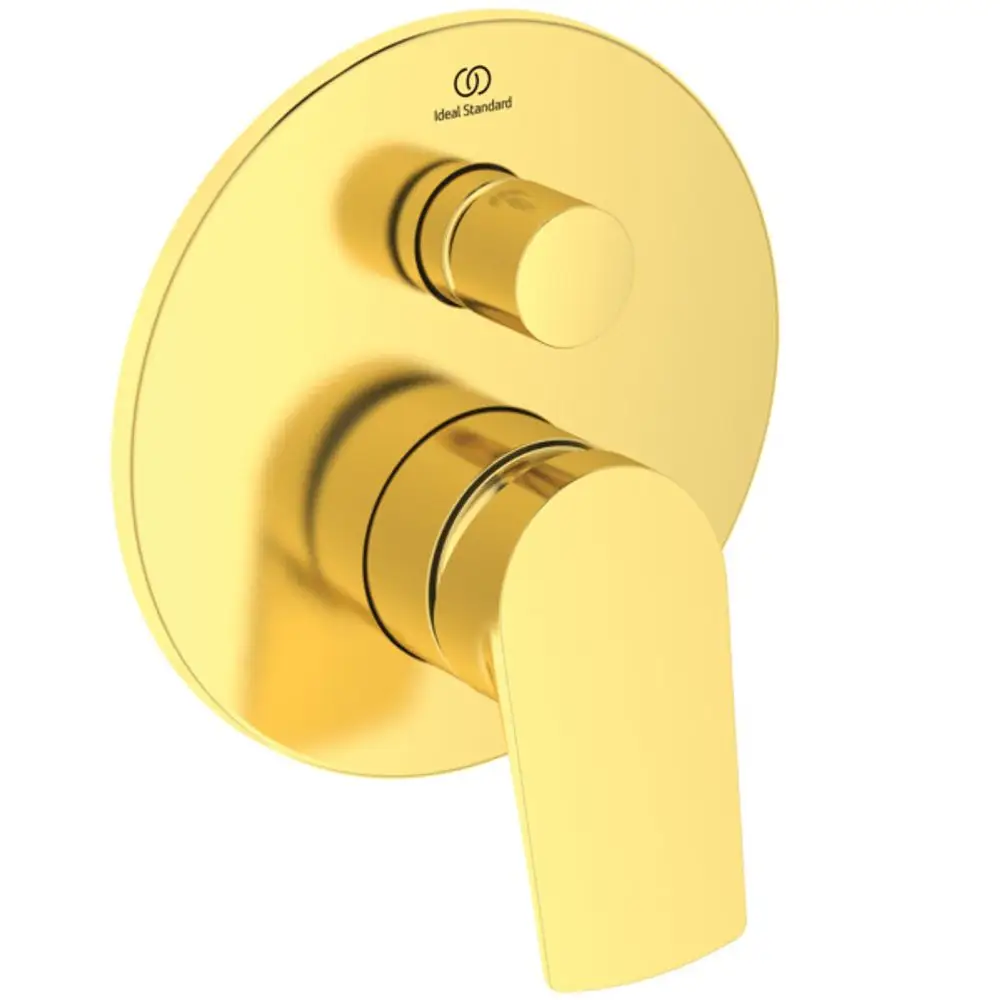Goldene Wandarmatur von Ideal Standard mit einem regulierbaren Hebel und einem separaten Umsteller, geeignet für Badezimmeranwendungen.